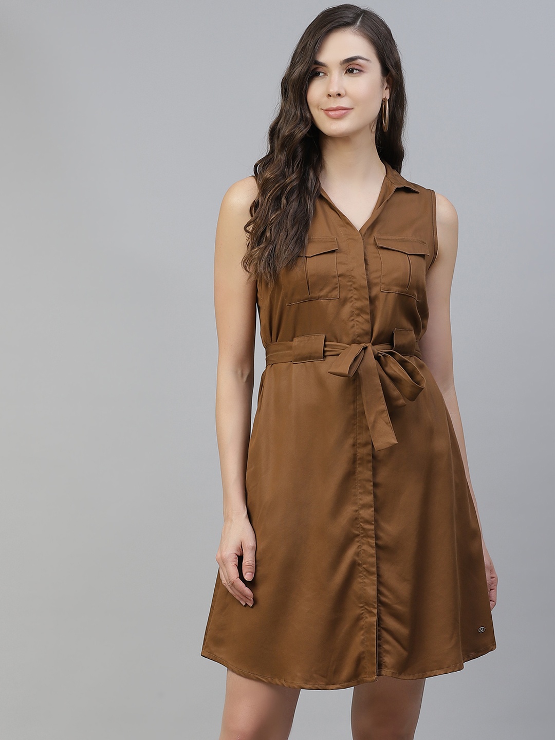 

Allen Solly Woman Brown Solid Satin Shirt Dress