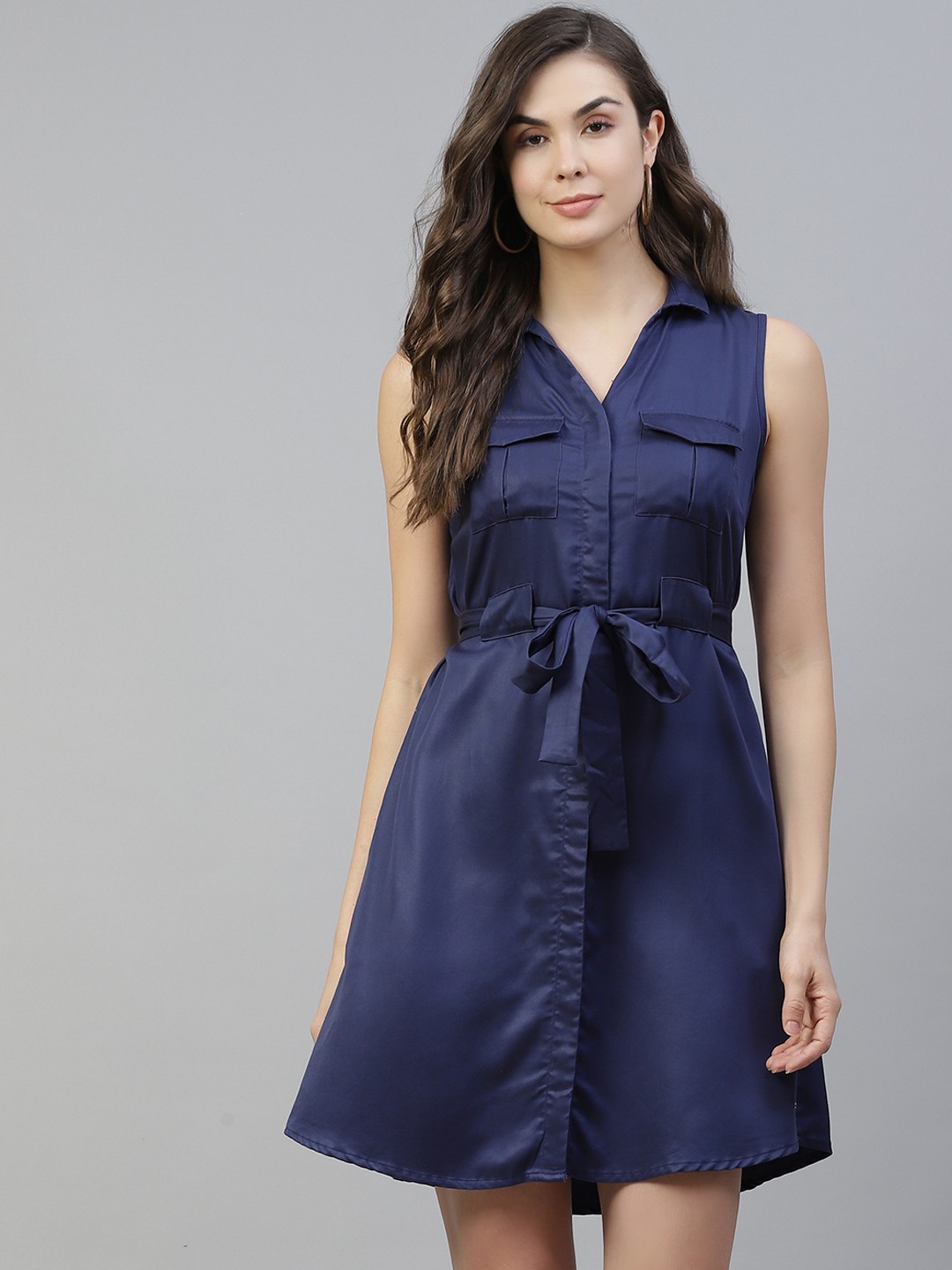 

Allen Solly Woman Navy Blue Solid Satin Shirt Dress