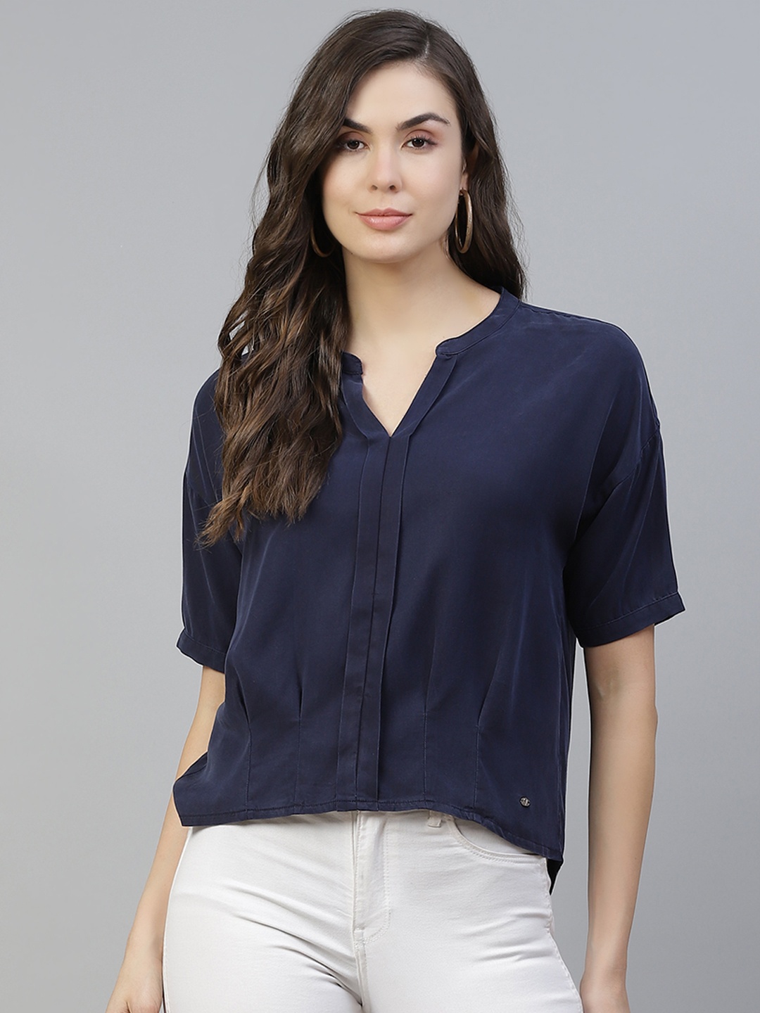 

Allen Solly Woman Navy Blue Mandarin Collar Regular Top