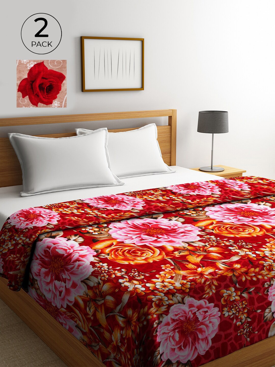 

KLOTTHE Red & Mauve Set of 2 Floral AC Room 233 GSM Double Bed Comforter