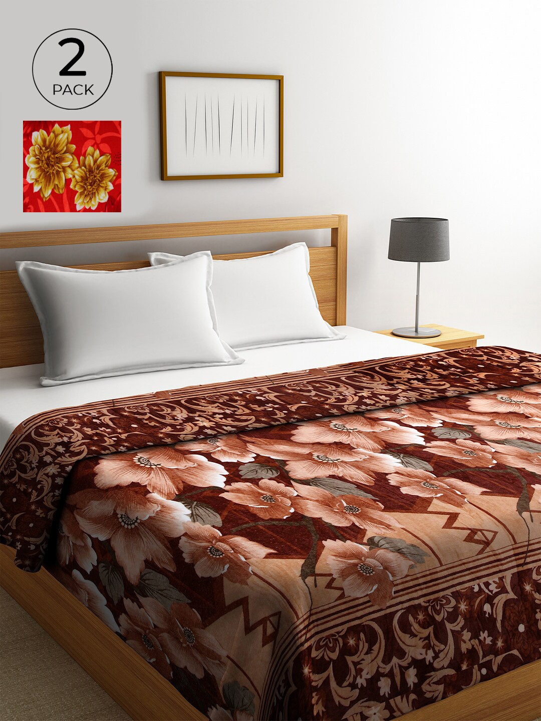 

KLOTTHE Brown & Red Set of 2 Floral AC Room 233 GSM Double Bed Comforter