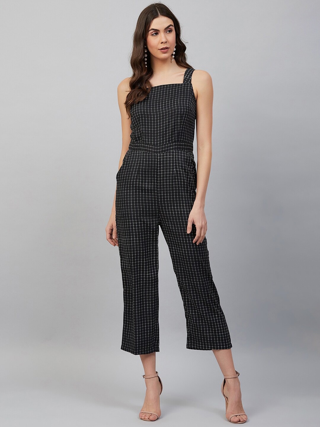 

Carlton London Women Black & White Checked Basic Cotton Jumpsuit