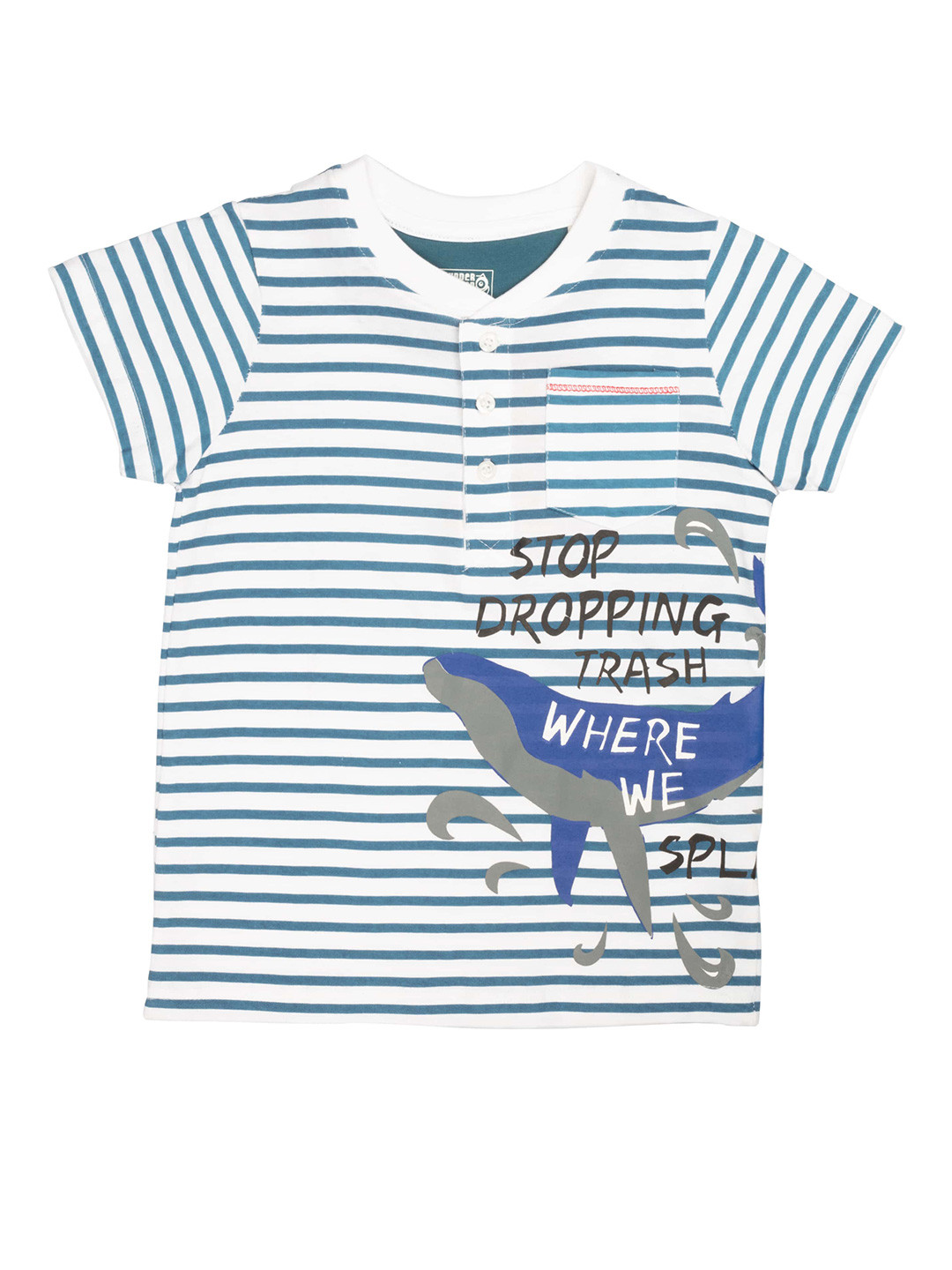 

UNDER FOURTEEN ONLY Boys Blue & White Pure Cotton Striped Henley Neck T-shirt