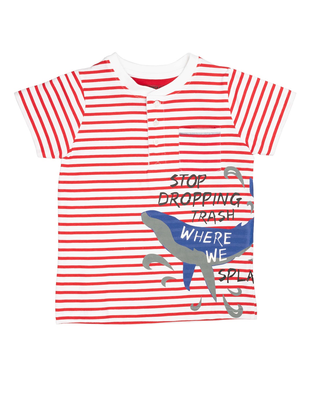 

UNDER FOURTEEN ONLY Boys Red & White Pure Cotton Striped Henley Neck T-shirt