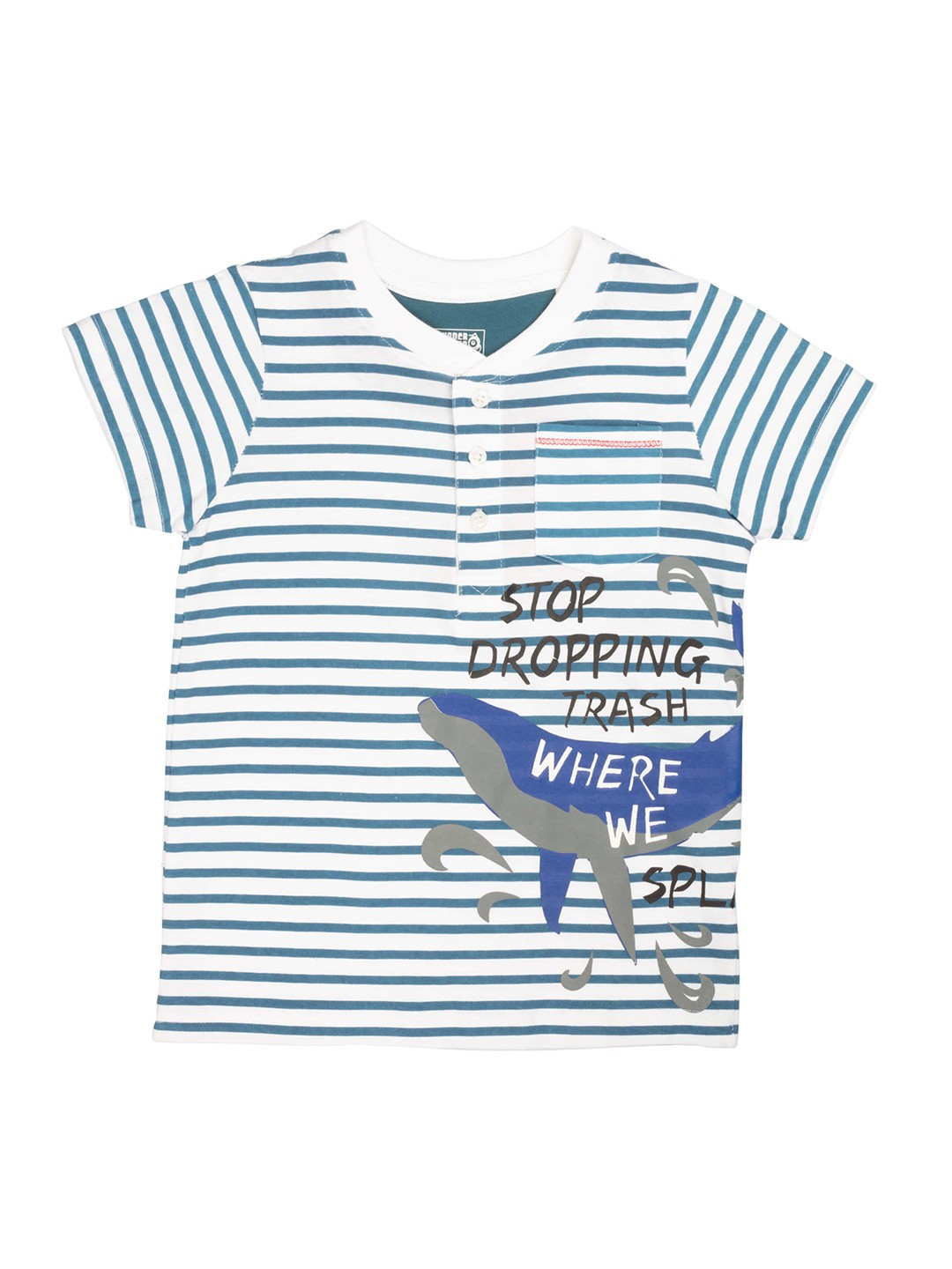 

UNDER FOURTEEN ONLY Boys Blue & White Pure Cotton Striped Henley Neck T-shirt