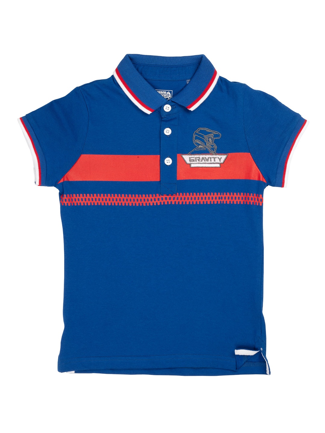 

UNDER FOURTEEN ONLY Boys Navy Blue & Red Pure Cotton Striped Polo Collar T-shirt