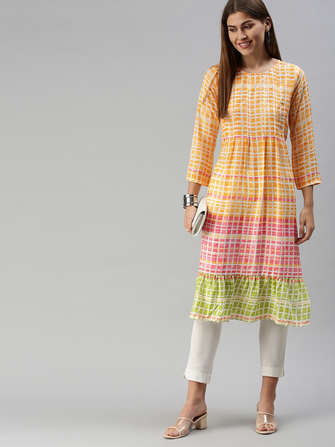 

Global Desi Women Yellow & White Checked A-Line Kurta