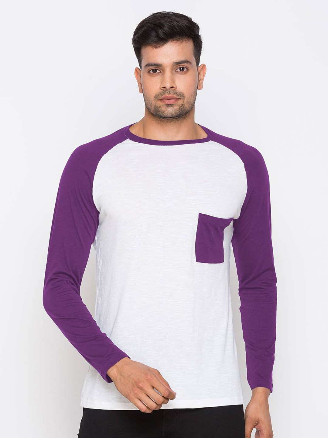 

Nick&Jess Men White & Purple Solid Round Neck Baseball T-shirt