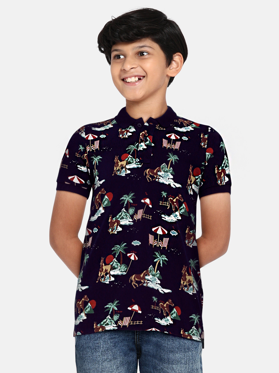 

U S Polo Assn Kids Boys Navy Blue Printed Polo Collar Pure Cotton T-shirt