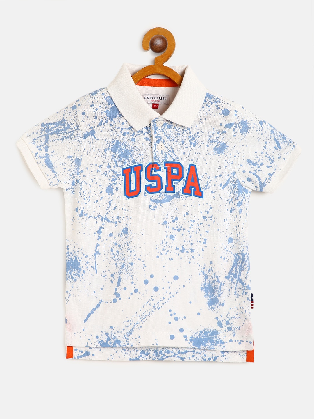 

U S Polo Assn Kids Boys Off White & Blue Abstract Printed Cotton Polo Collar T-shirt