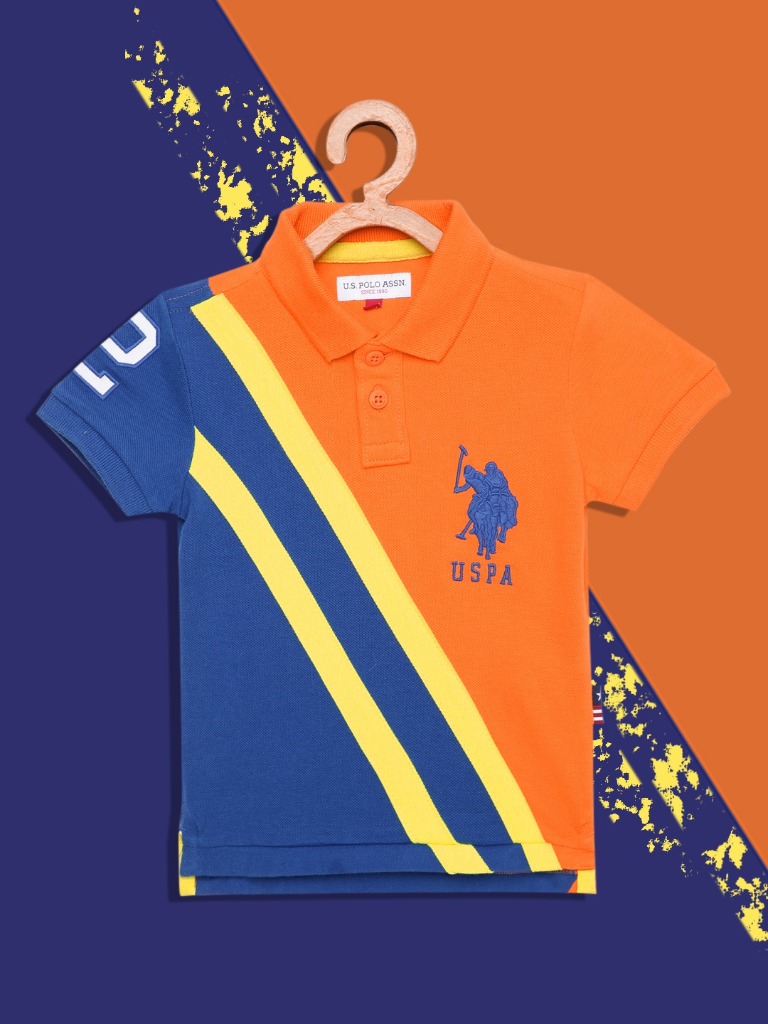 

U.S. Polo Assn. Kids Boys Orange & Blue Colourblocked Polo Collar Cotton T-shirt