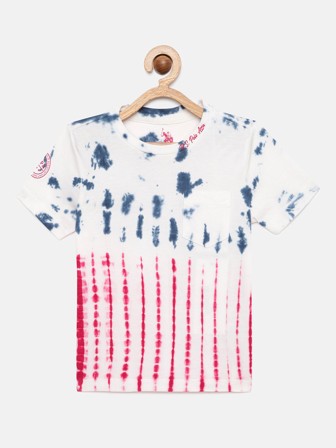

U.S. Polo Assn. Kids Boys White & Red Tie and Dye Round Neck Chest Pocket Cotton T-shirt