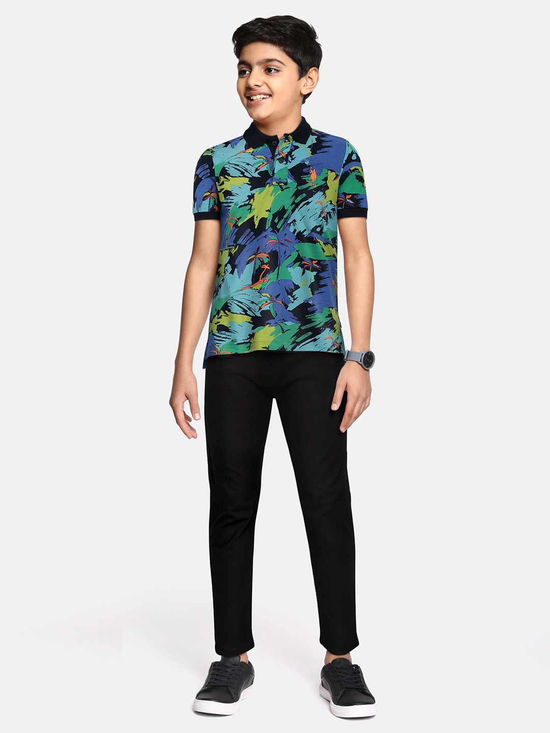 

U S Polo Assn Kids Boys Blue & Green Printed Polo Collar Pure Cotton T-shirt