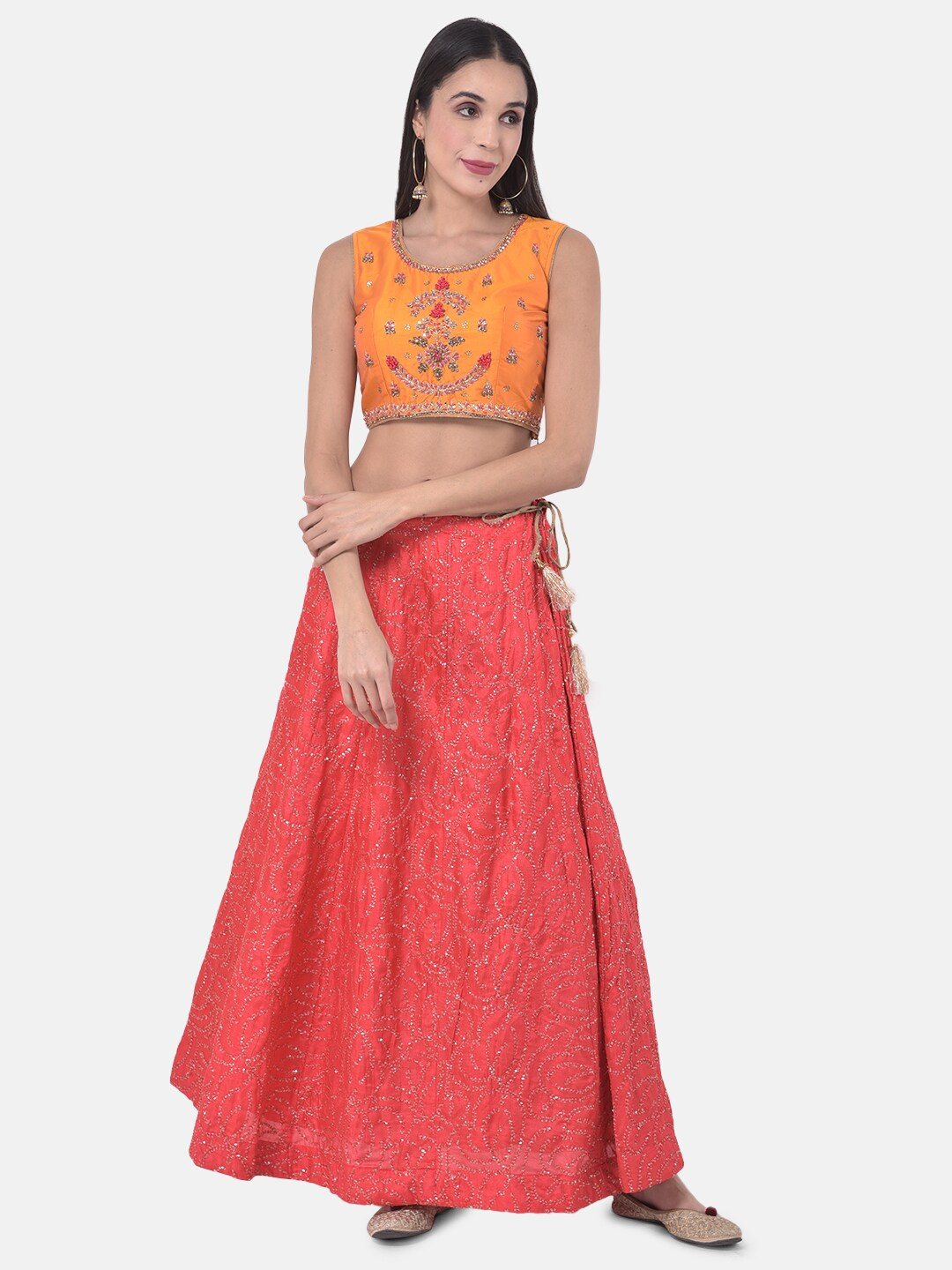 

Neerus Pink & Yellow Embroidered Ready to Wear Lehenga & Blouse with Dupatta