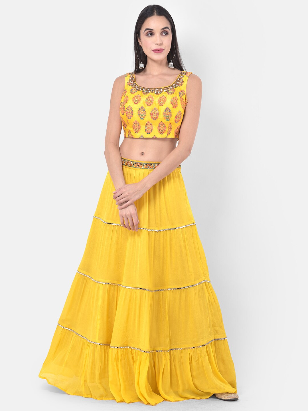 

Neerus Yellow & Red Woven Design Semi-Stitched Lehenga & Ready to Wear Blouse with Dupatta