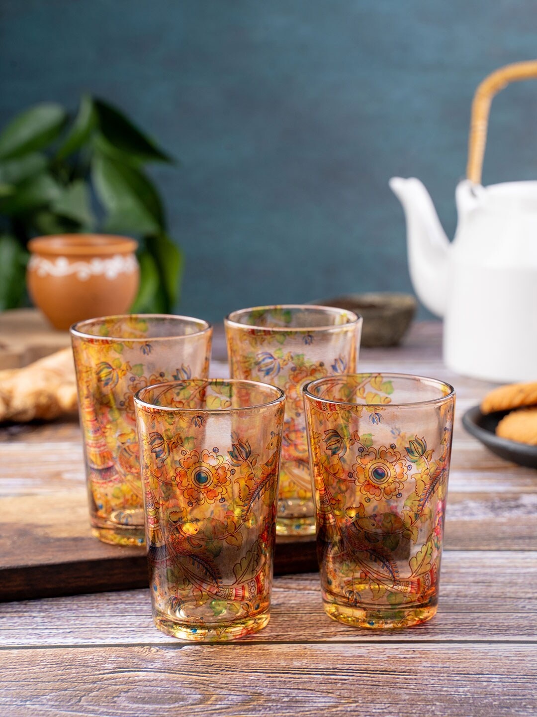 

KOLOROBIA Brown & Red Set of 4 Printed Glass Cups-200ML