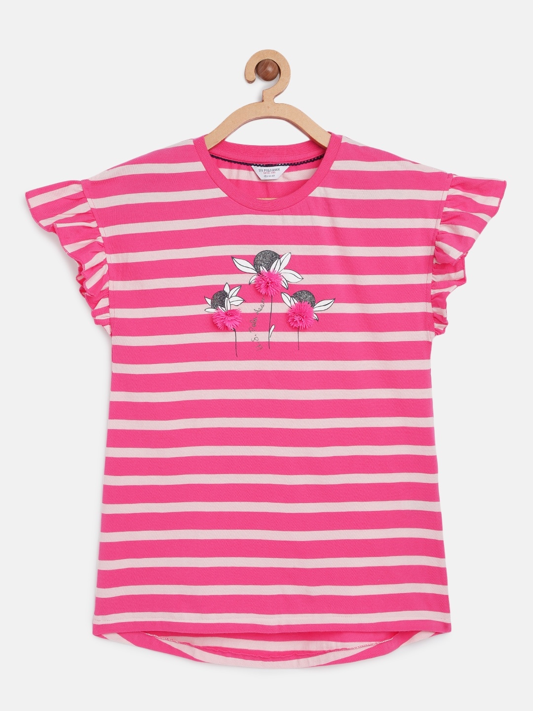 

U.S. Polo Assn. Kids Pink & White Striped Pure Cotton Flutter Sleeve Regular Top