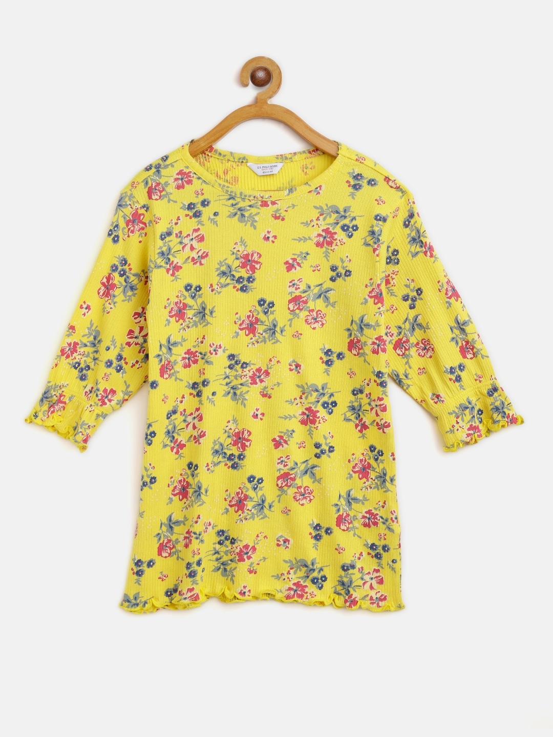 

U S Polo Assn Kids Yellow & Pink Floral Print Puff Sleeve Regular Top