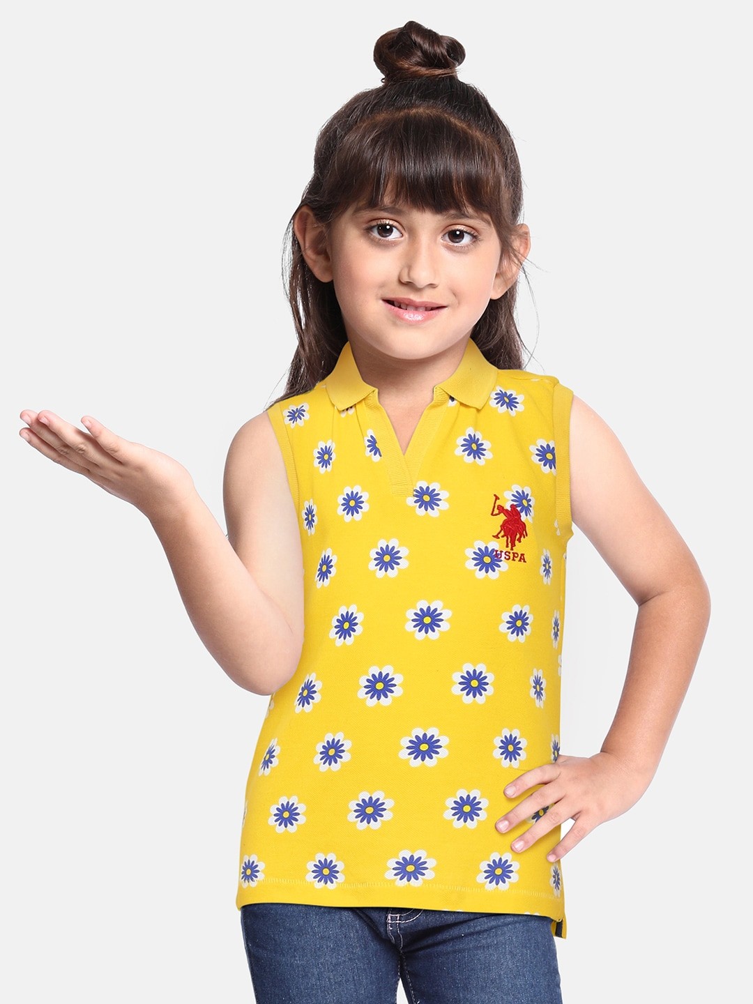 

U.S. Polo Assn. Kids Girls Yellow Floral Print Pure Cotton Top