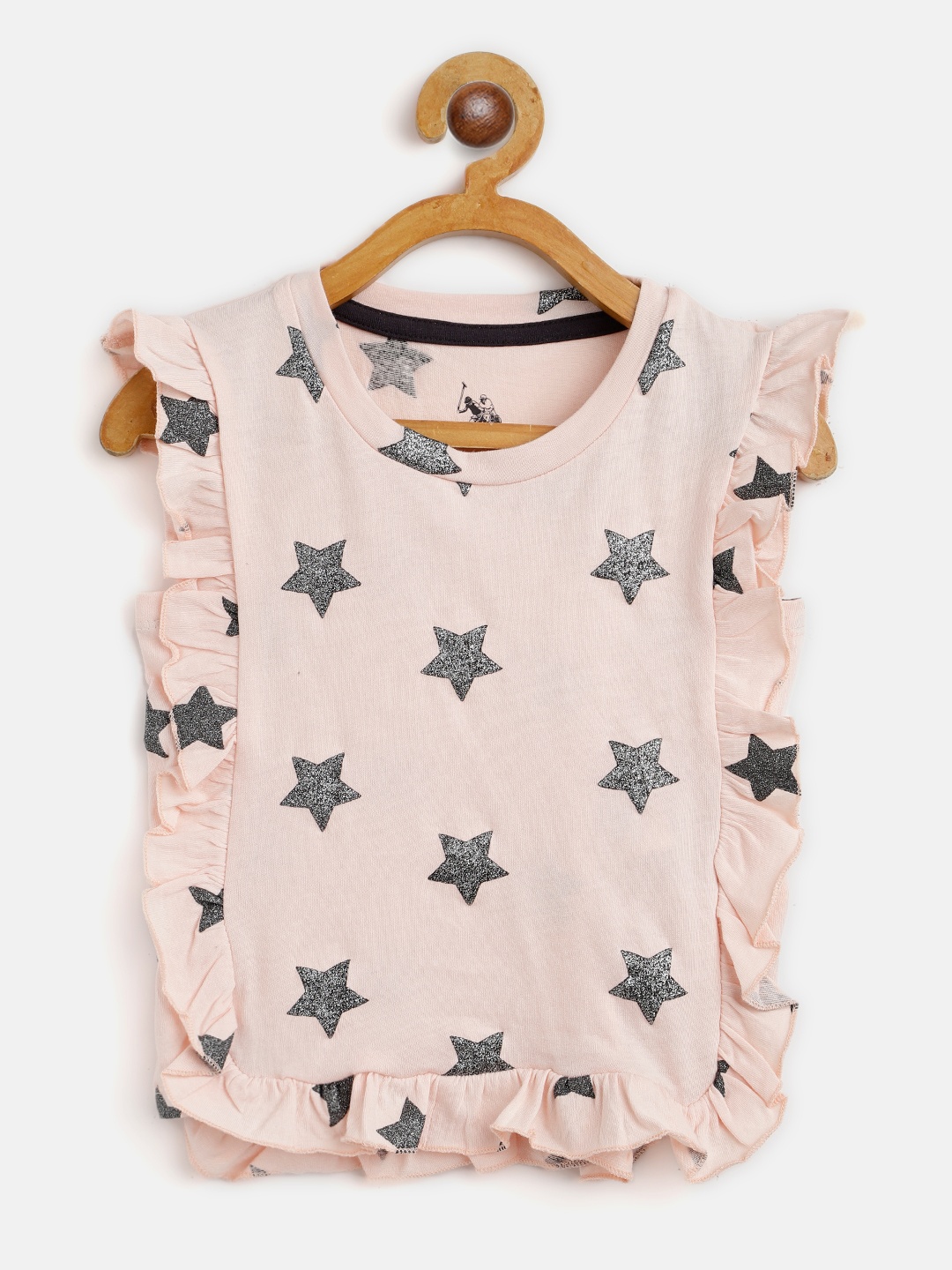 

U S Polo Assn Kids Pink & Gunmetal Cotton Star Print Flutter Sleeve Ruffles Regular Top