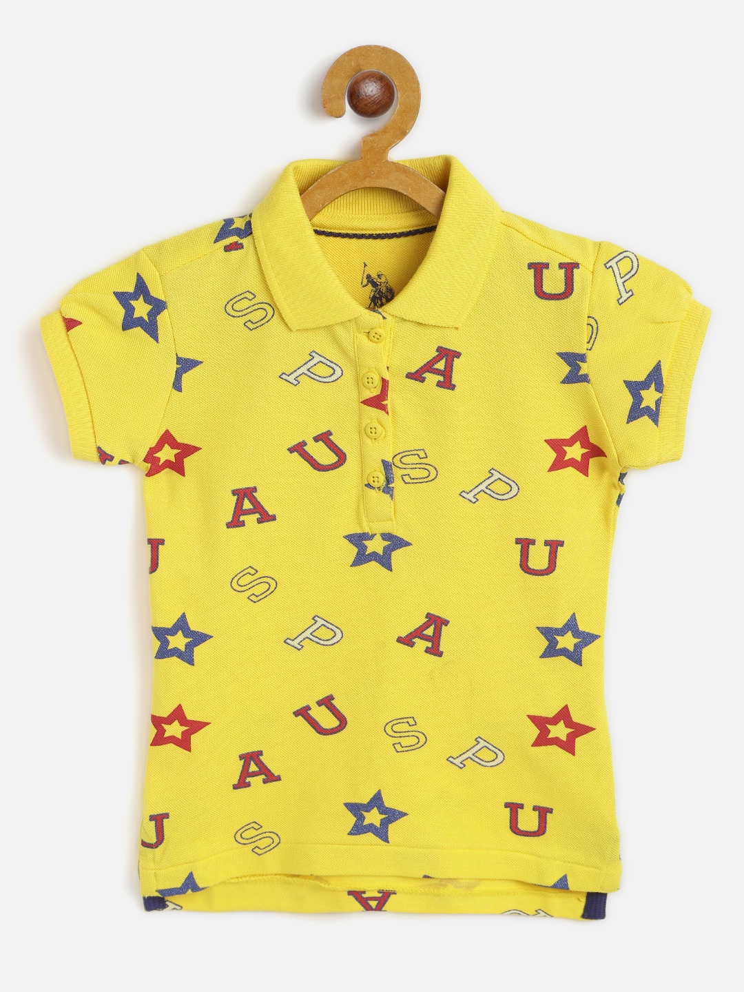 

U S Polo Assn Kids Girls Yellow Cotton Typography Print Polo Collar T-shirt