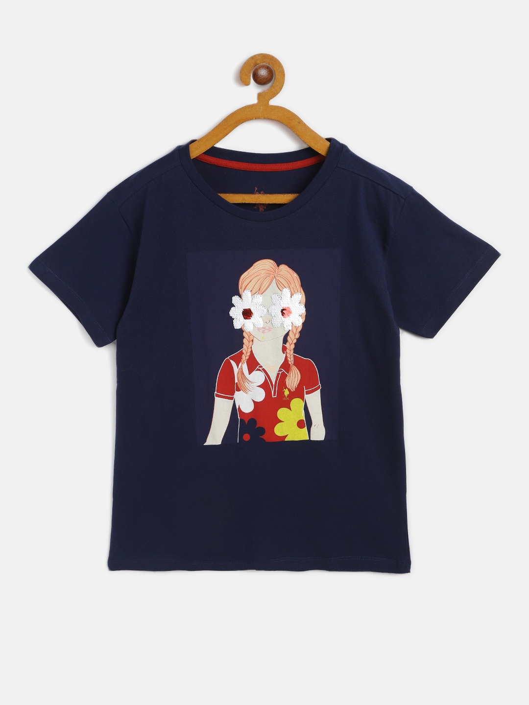 

U S Polo Assn Kids Girls Navy Blue & Red Printed Pure Cotton T-shirt with Flip Sequin