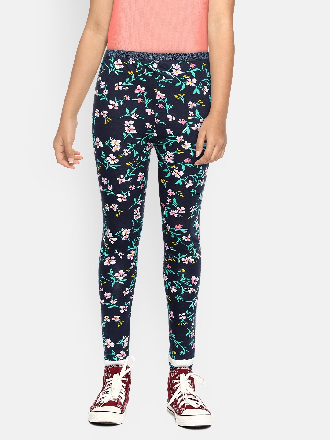 

U.S. Polo Assn. Kids Girls Navy Blue Floral Printed Track Pants