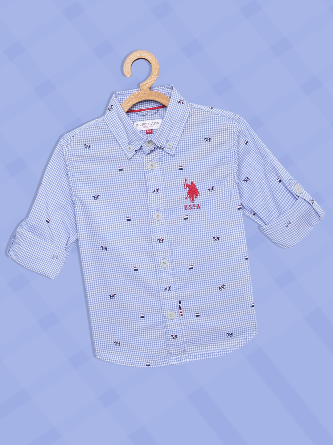 

U.S. Polo Assn. Kids Boys Blue Micro Checks & Printed Opaque Cotton Casual Shirt