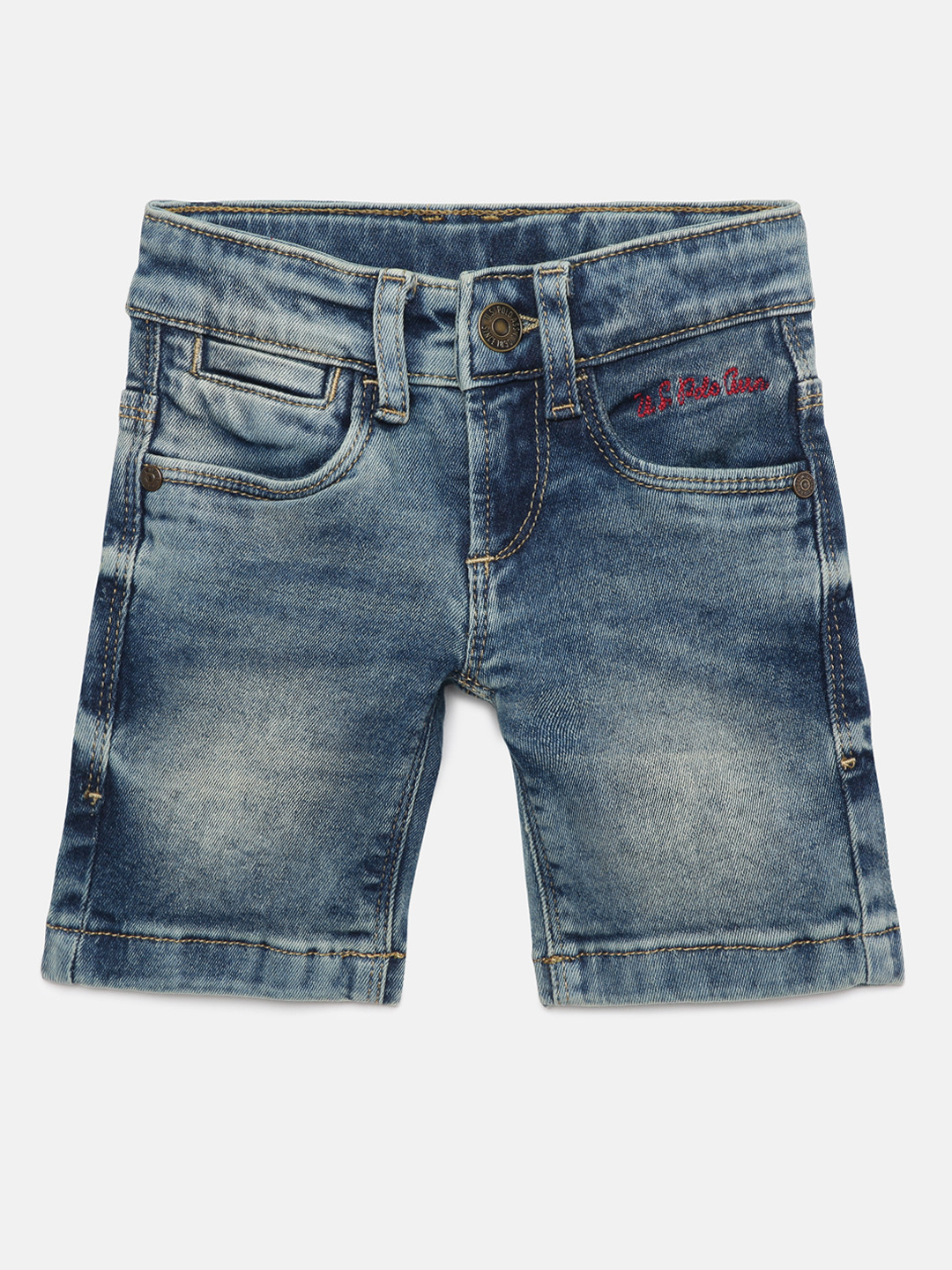 

U.S. Polo Assn. Kids Boys Blue Washed Slim Fit Mid-Rise Stretchable Denim Shorts