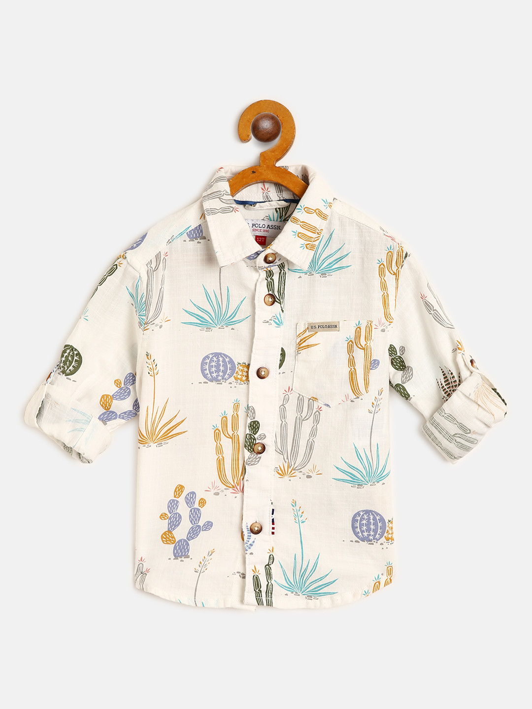 

U S Polo Assn Kids Boys Off White & Mustard Yellow Cactus Print Cotton Casual Shirt
