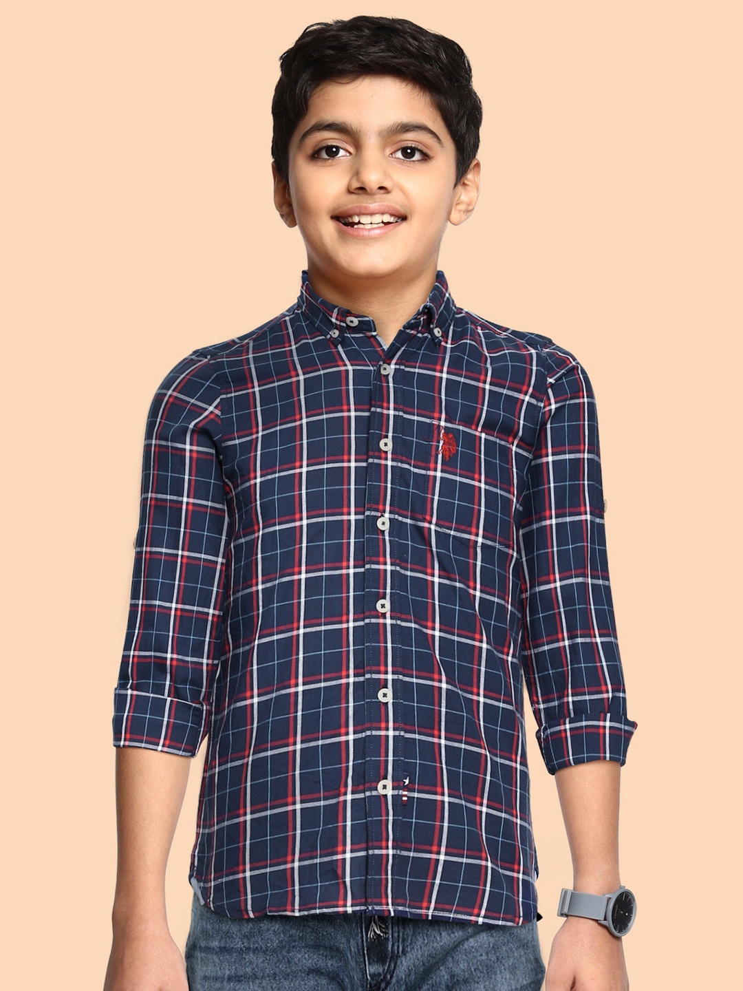 

U.S. Polo Assn. Kids Boys Navy Blue Tartan Checked Cotton Casual Shirt