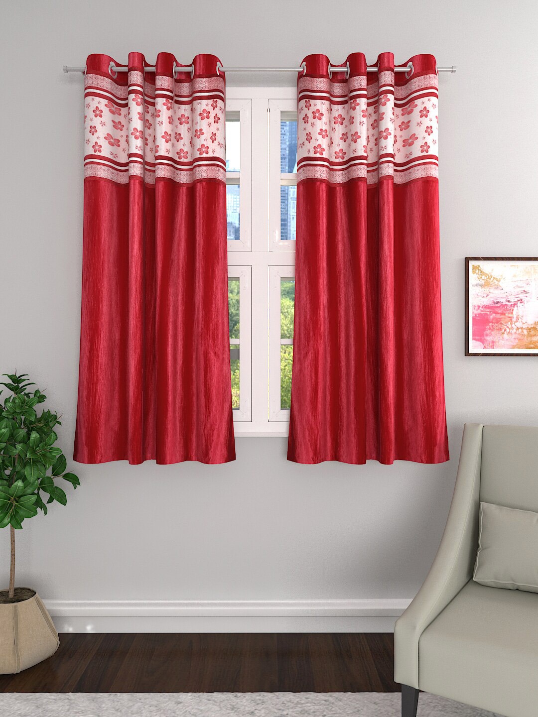 

ROMEE Red & White Set of 2 Room Darkening Window Curtains