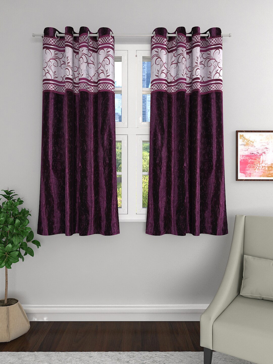 

ROMEE Purple & White Set of 2 Room Darkening Window Curtains