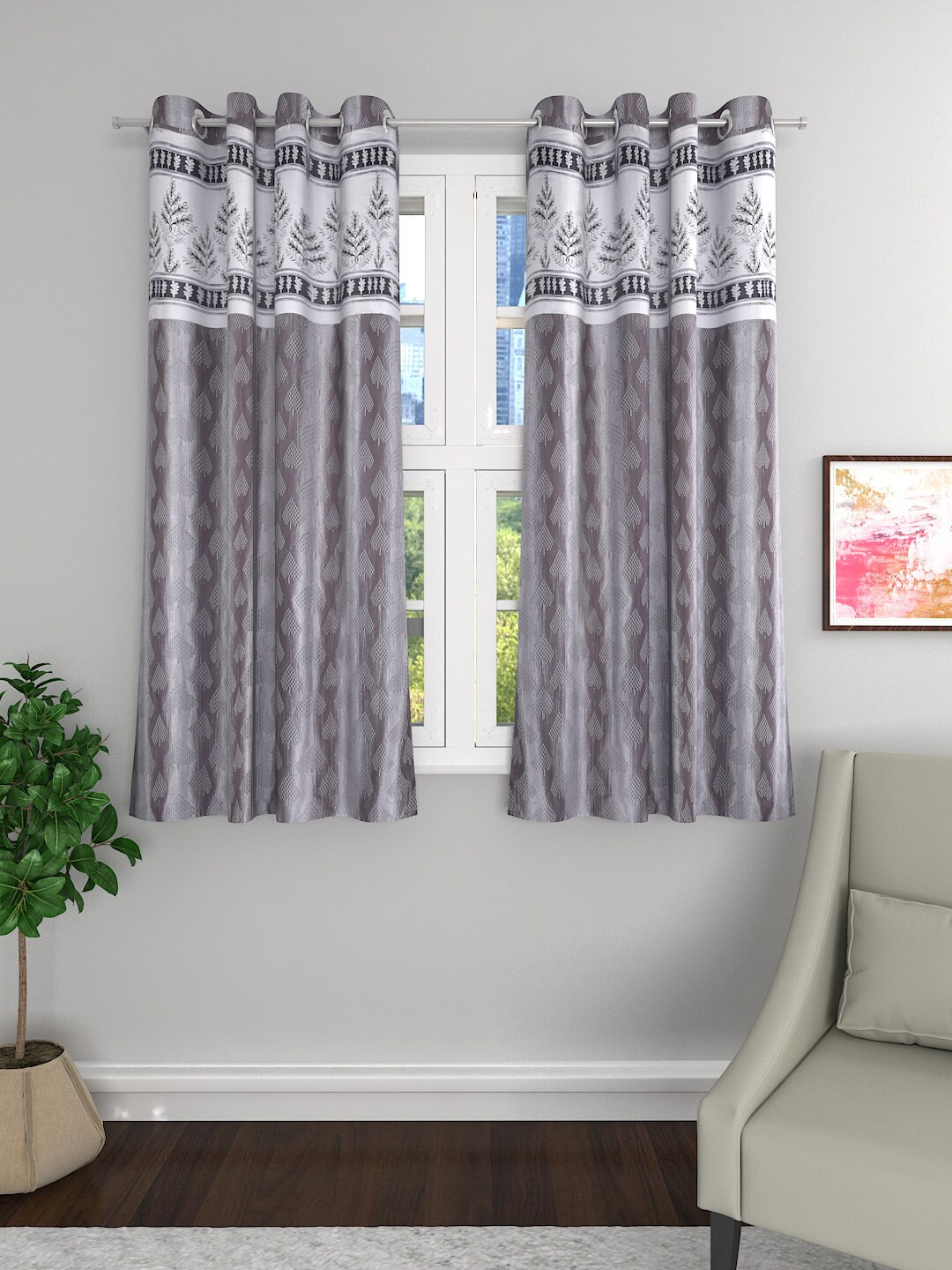 

ROMEE Grey & White Set of 2 Room Darkening Window Curtains