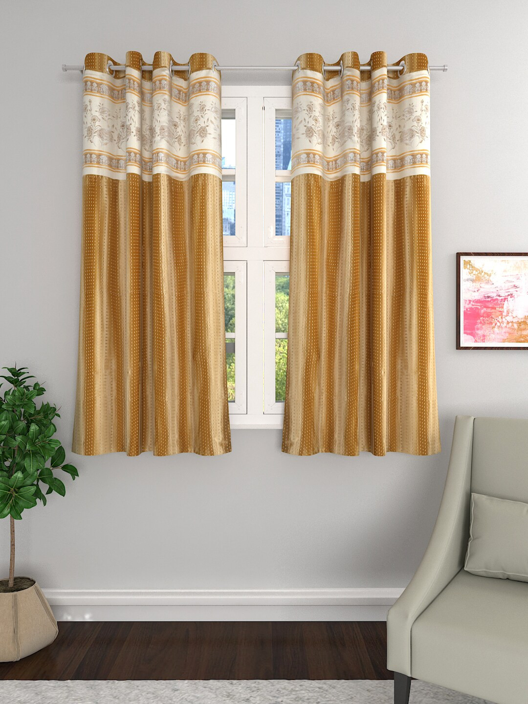 

ROMEE Golden & White Set of 2 Room Darkening Jacquard Window Curtains, Gold