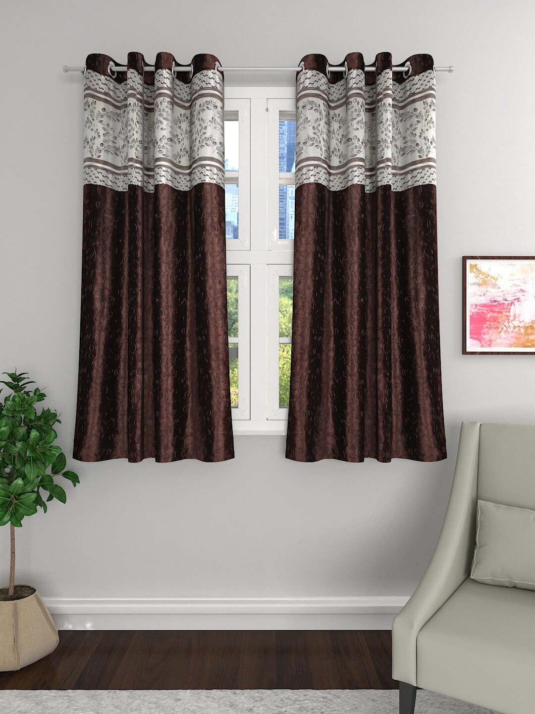 

ROMEE Coffee Brown & White Set of 2 Room Darkening Window Curtains