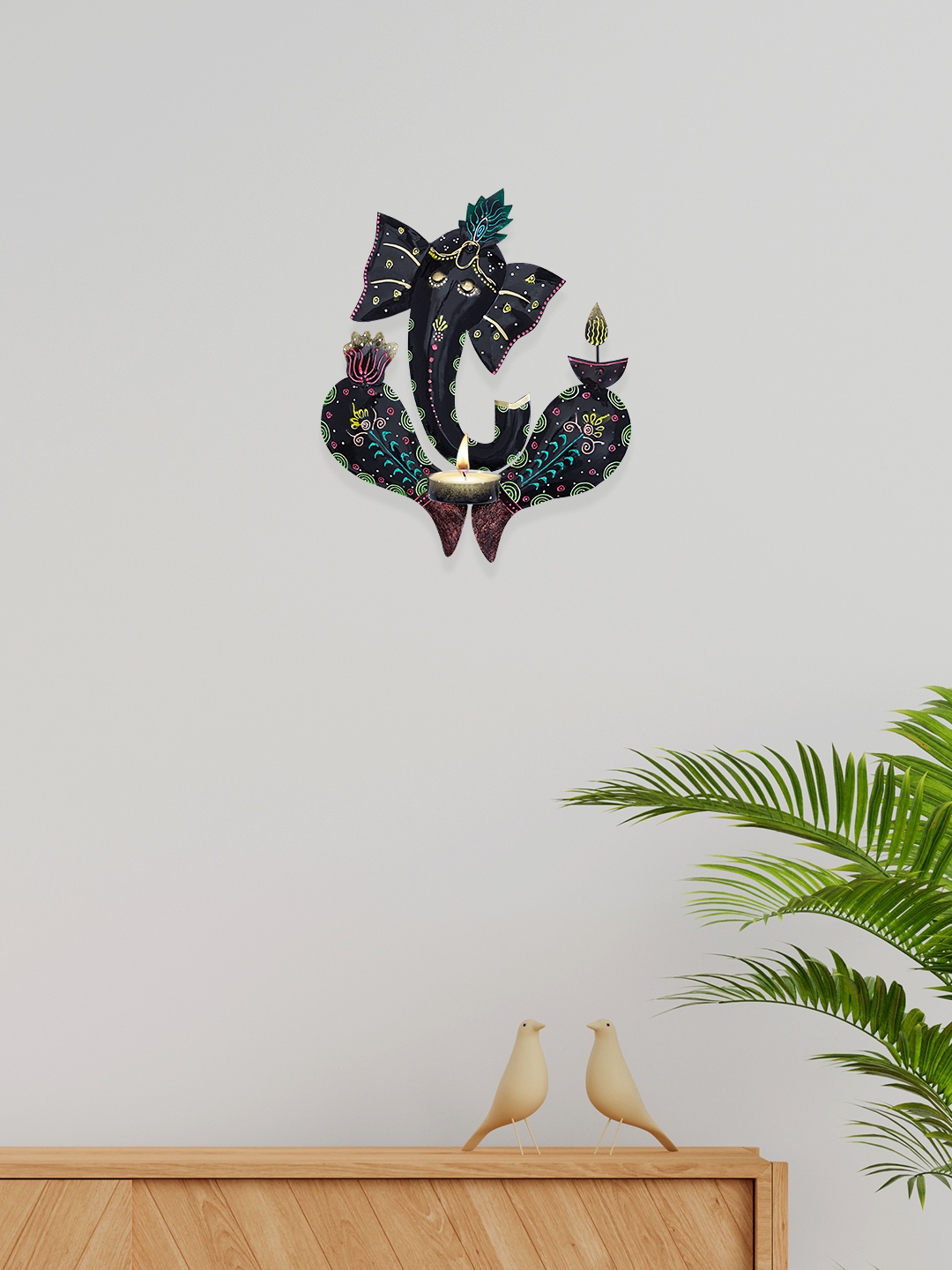 

Golden Peacock Black Handcrafted Ganesh Tea-Light Holder Wall decor