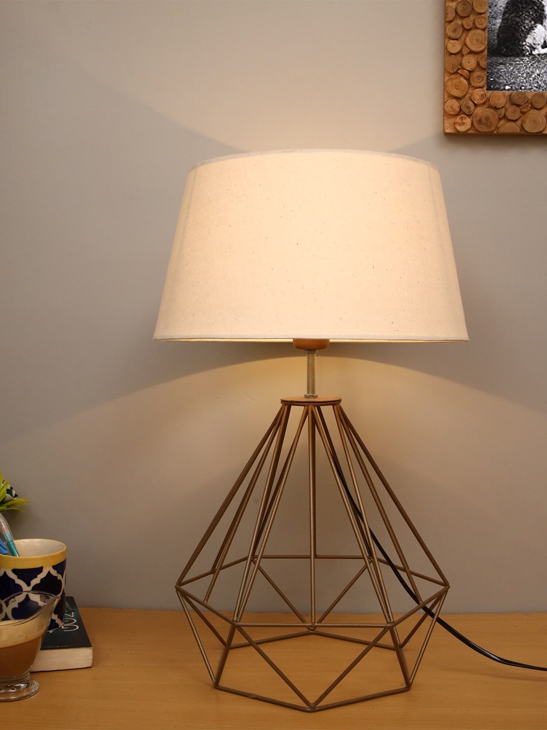 

Homesake Off-White & Gold-Toned Self Design Contemporary Bedside Standard Lamp with Shade