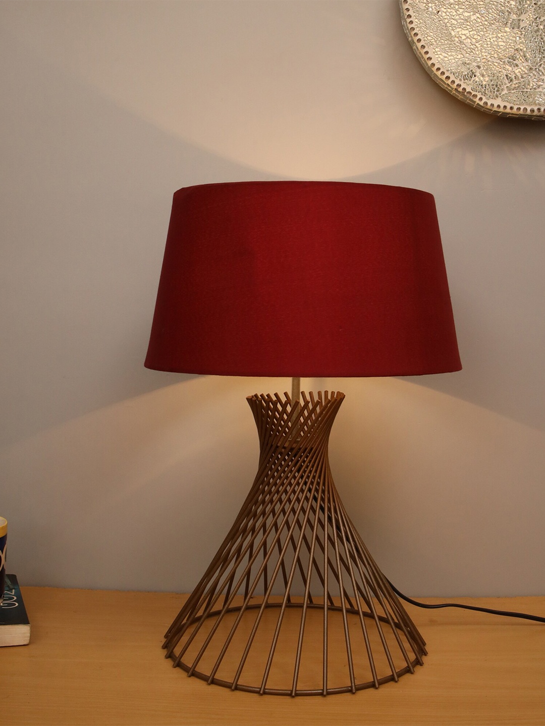 

Homesake Red & Golden Self Design Spiral Metal Contemporary Bedside Lamp with Shade