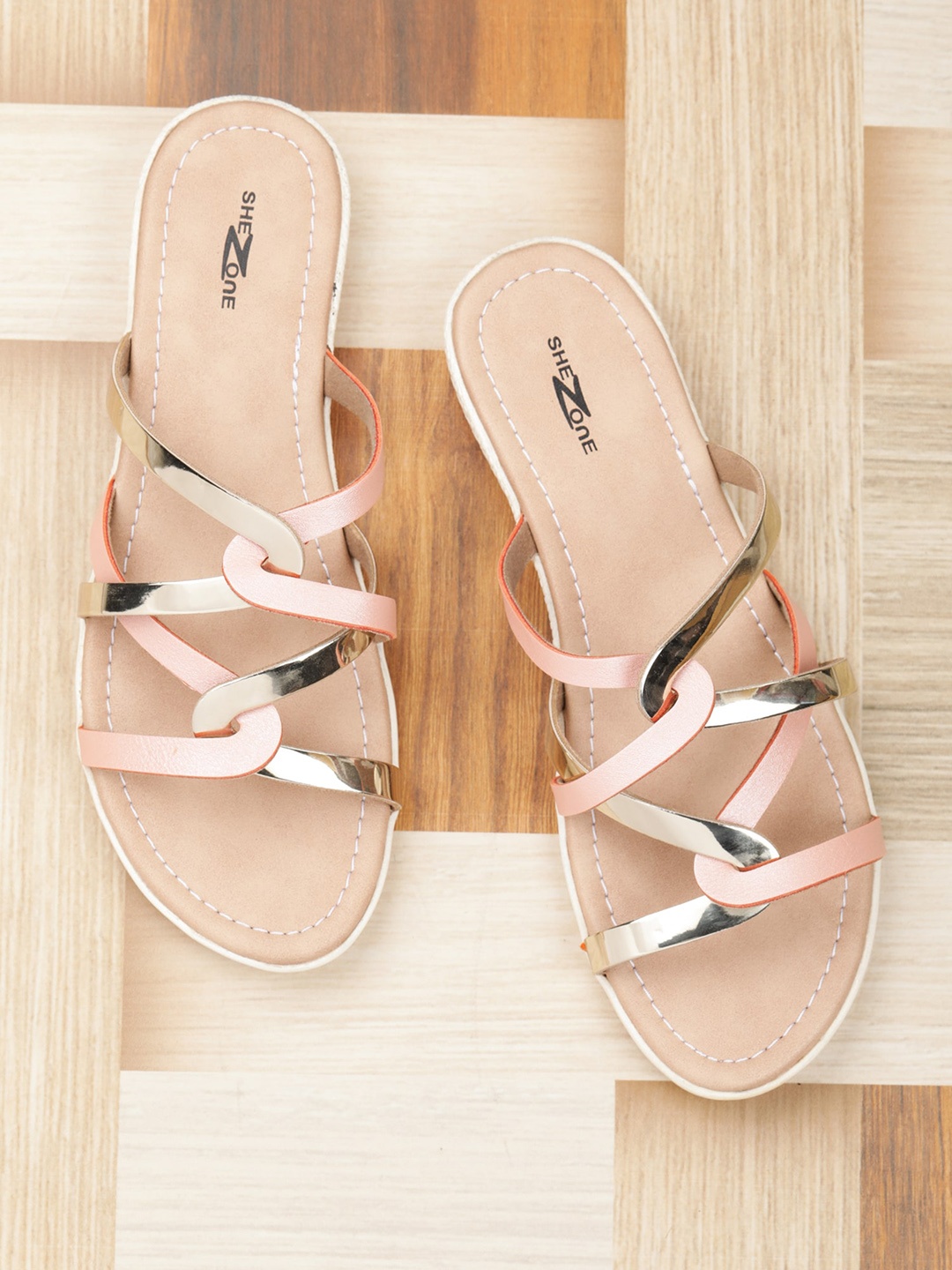 

Shezone Women Pink & Gold-Toned Colorblocked Open Toe Flats