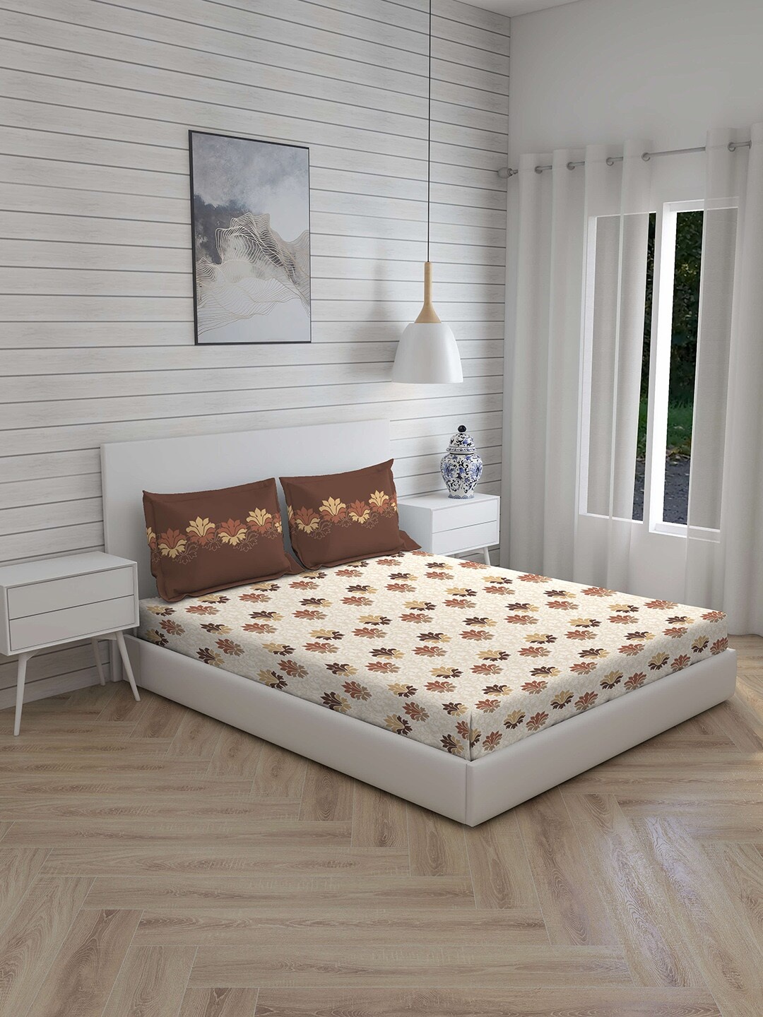 

Layers White & Brown Floral 144 TC Cotton 1 Queen Bedsheet with 2 Pillow Covers