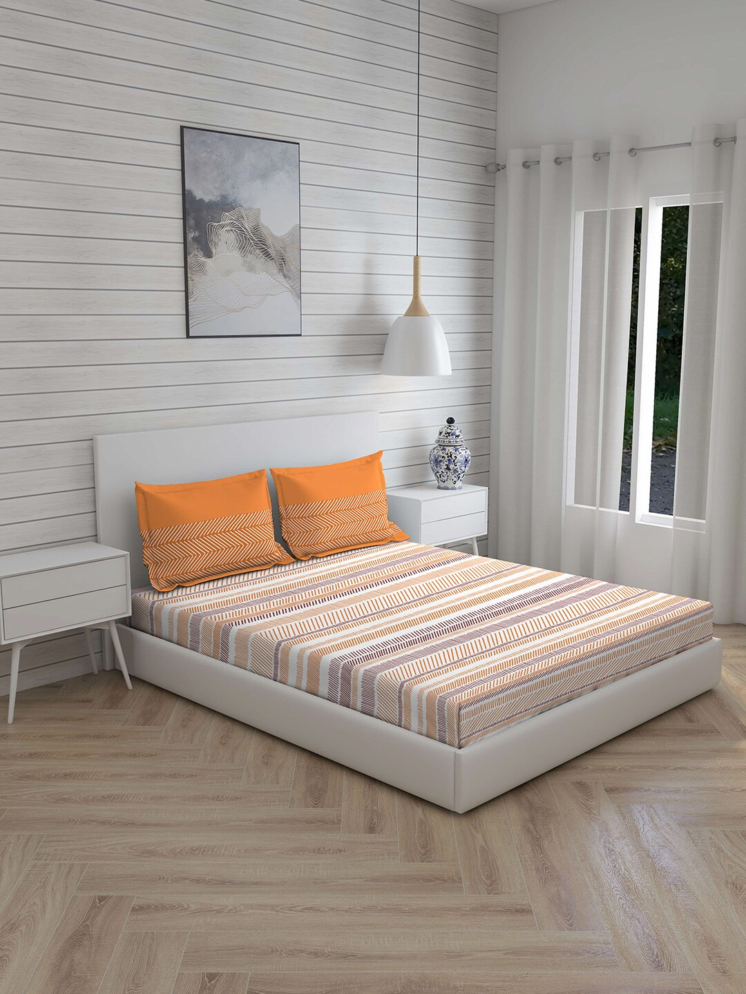 

Layers Orange & White Striped 144 TC Cotton 1 King Bedsheet with 2 Pillow Covers