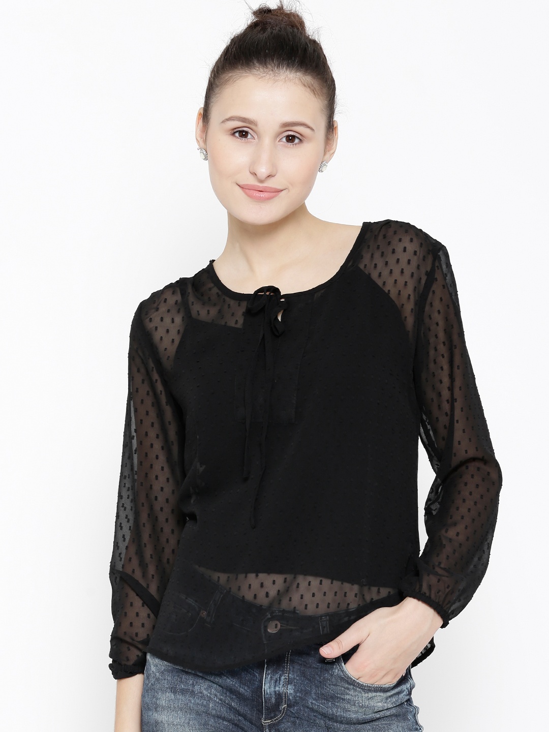 

Sera Women Black Patterned Sheer Top