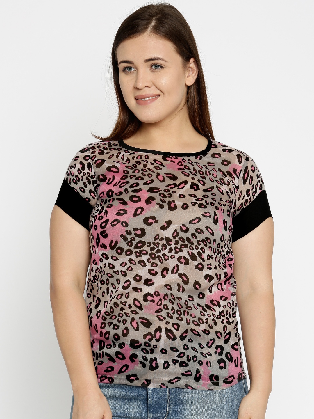 

Style Quotient Women Beige & Pink Printed Plus Size Top