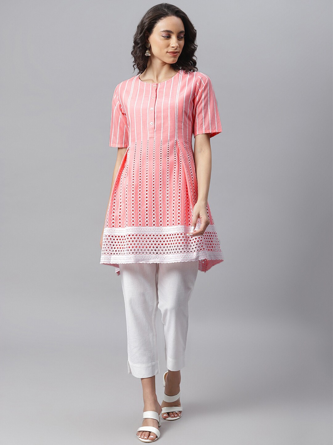 

Janasya Women's Pink & White Striped Tunic