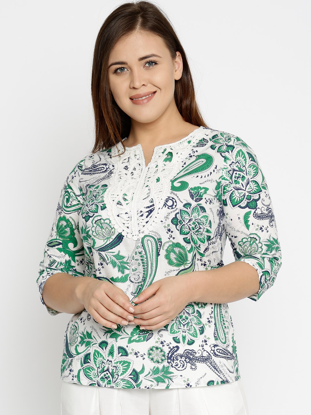 

Style Quotient White & Green Printed Plus Size Pure Cotton Top