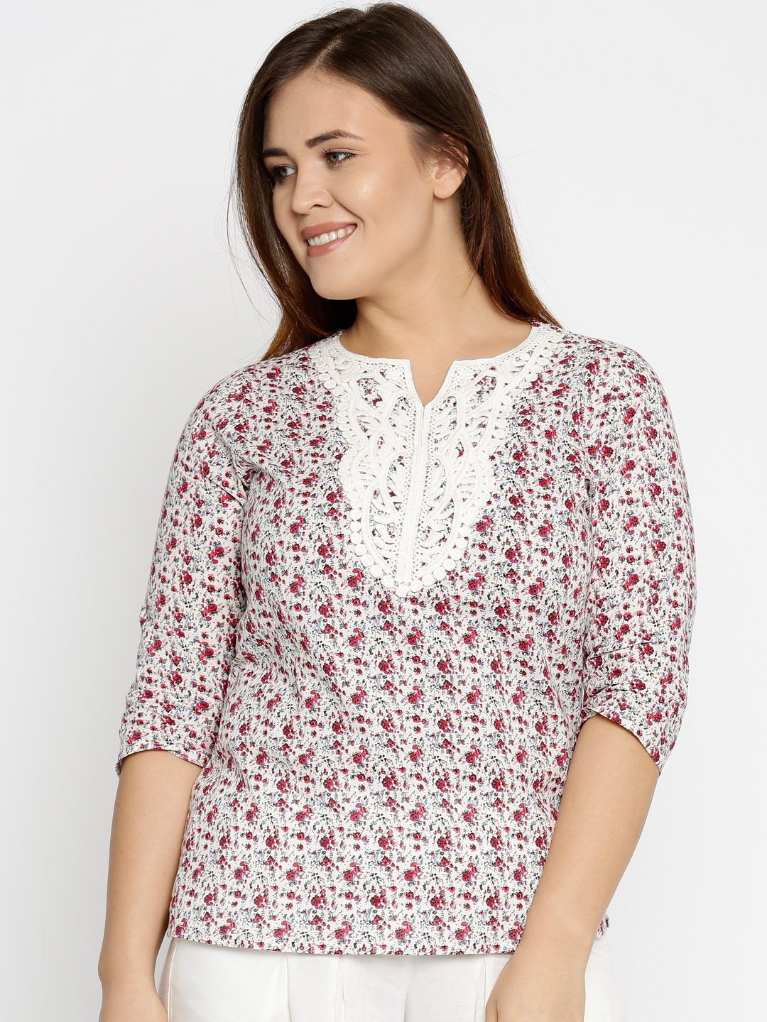 

Style Quotient Women White & Pink Floral Print Plus Size Pure Cotton Top