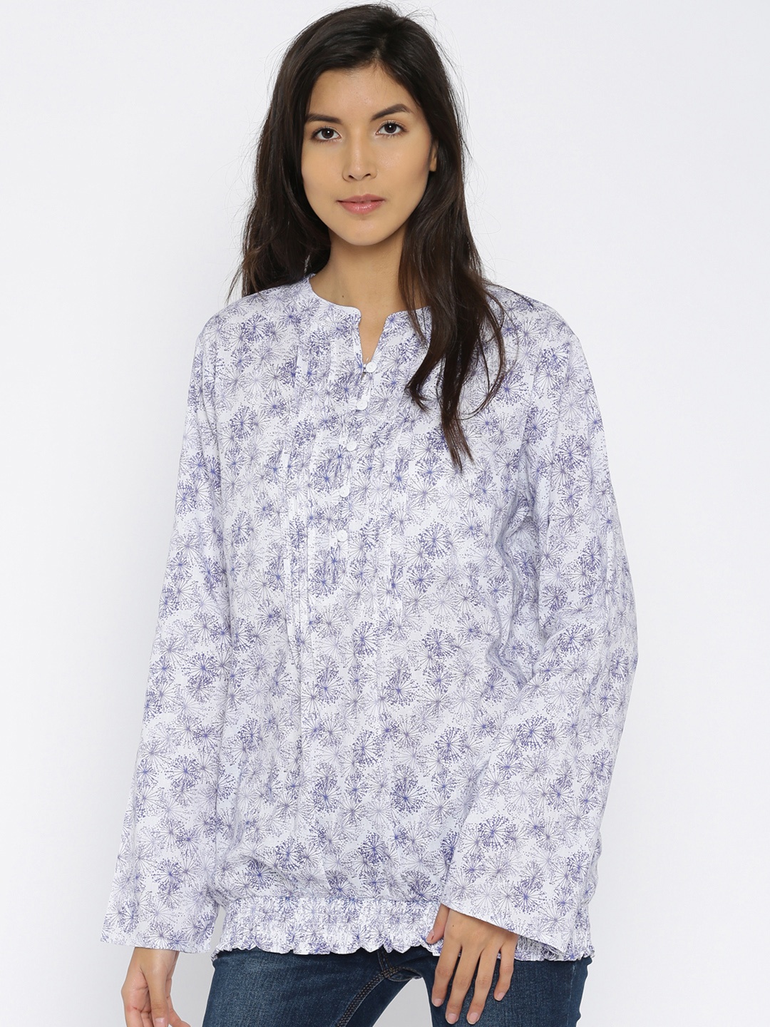 

Style Quotient Women White & Blue Printed Shirt Style Pure Cotton Top