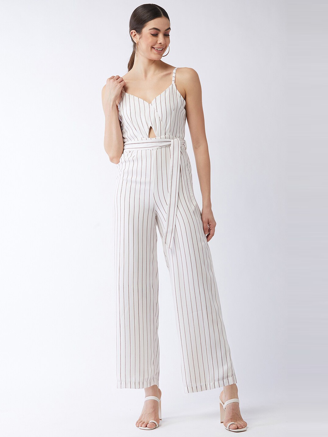 

MAGRE Women White & Brown Striped Jumpsuit