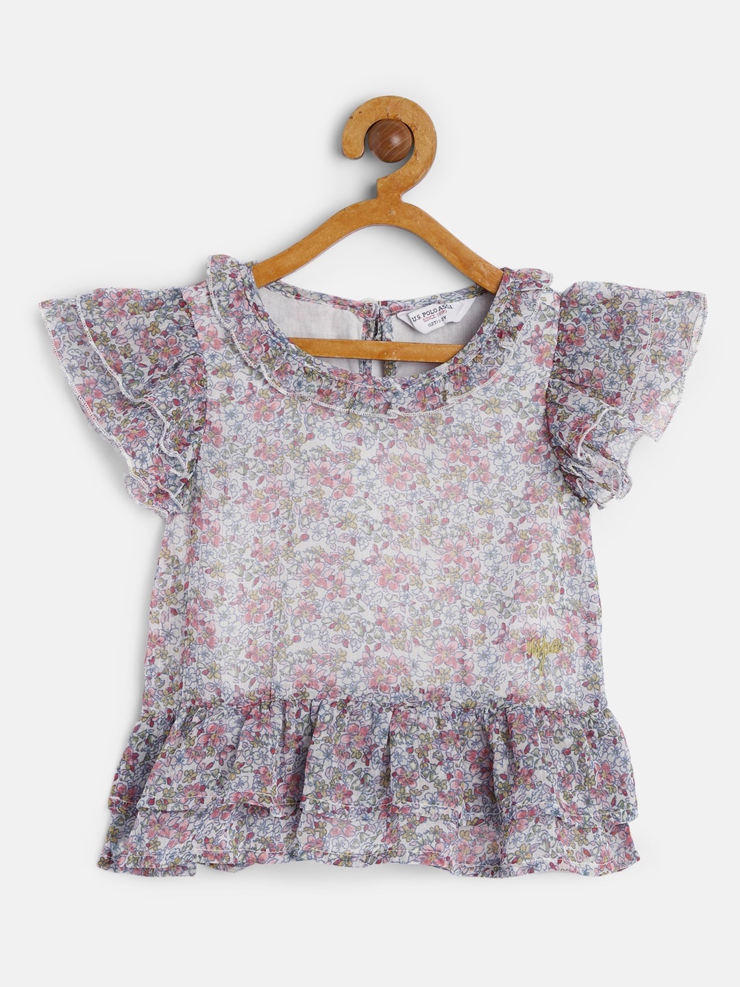 

U.S. Polo Assn. Kids White & Grey Floral Printed Ruffled Peplum Top